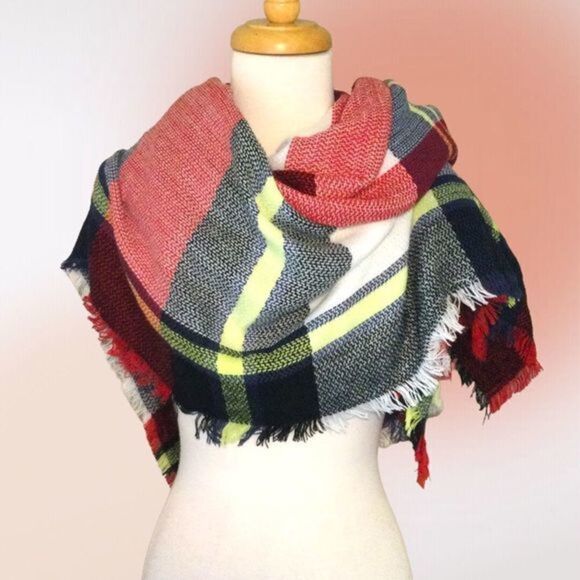 Large Square Plaid Fringed‎ Blanket Scarf Wrap - Picture 1 of 7